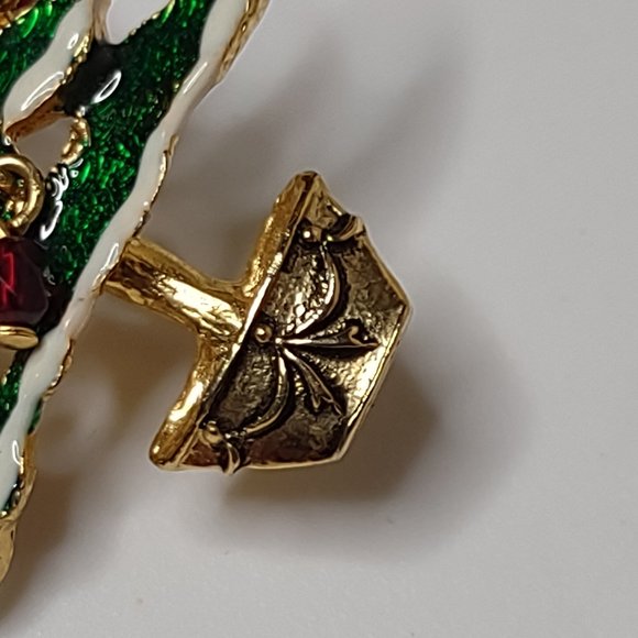 Green And Gold Tone Christmas Tree Brooch With Red Dangling Ornaments - Picture 3 of 11